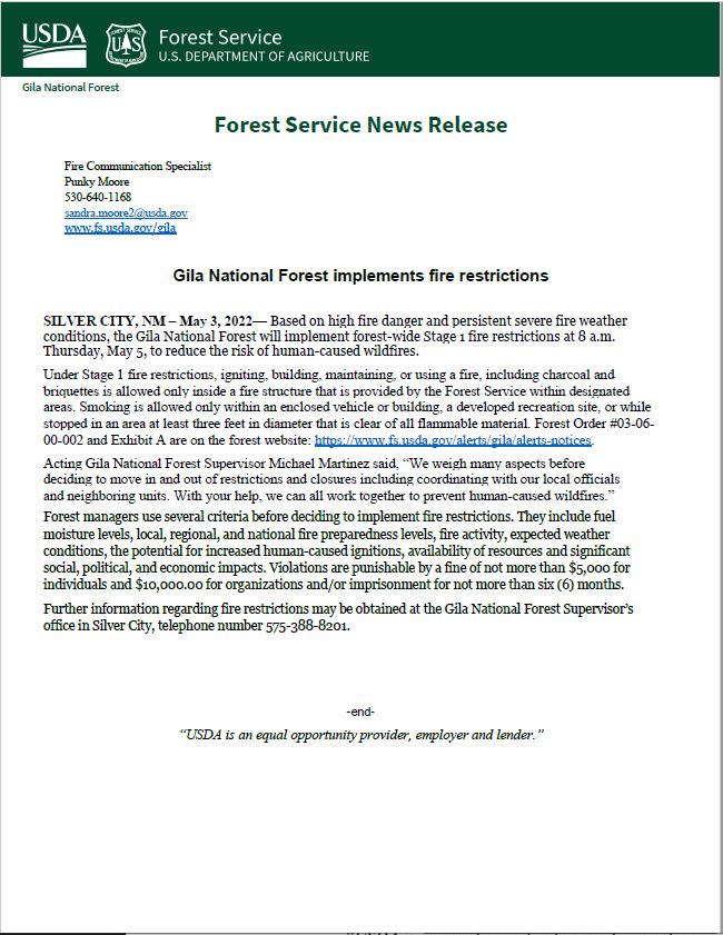 Gila National Forest Issues Stage 1 Fire Restrictions