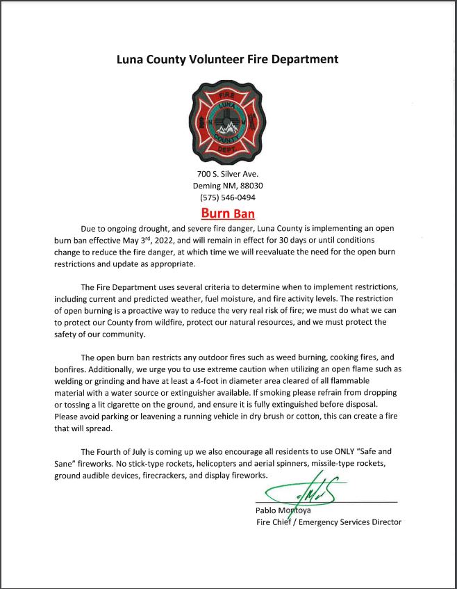 Luna County Burn Ban Now in Effect