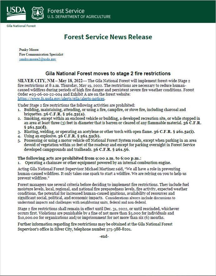GNF Moves to Stage 2 Fire Restrictions