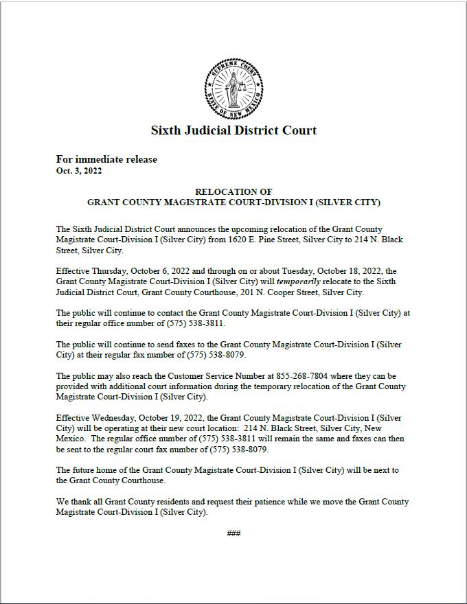 Grant County Magistrate Court-Division 1 Relocation Notice