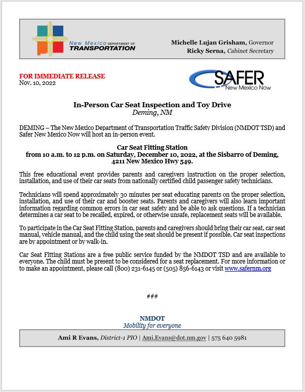 Child Car Seat Inspection and Toy Drive