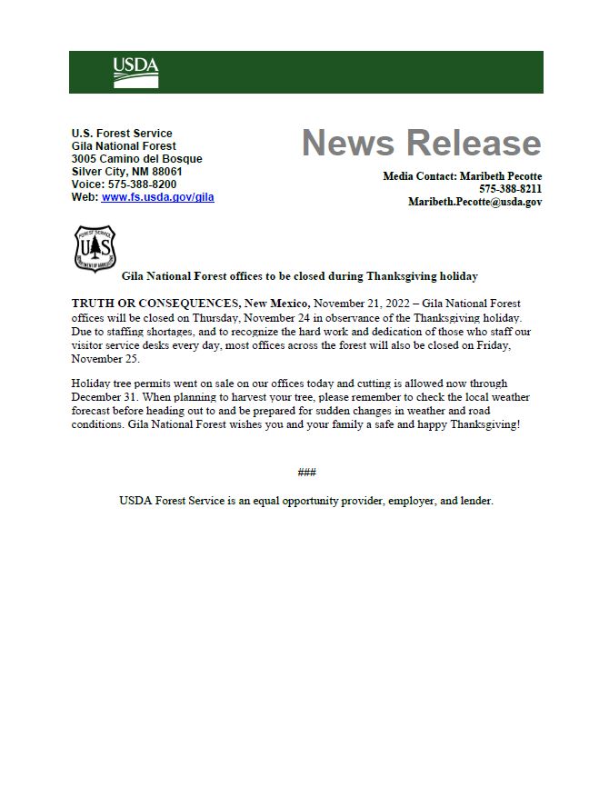 GNF Closed for Thanksgiving Holiday