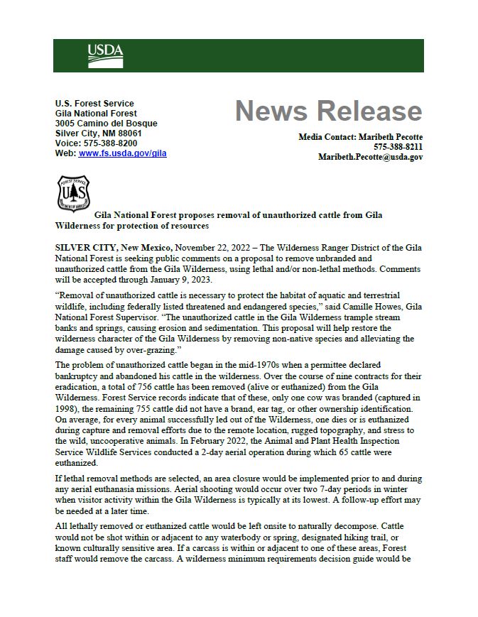 Gila National Forest Proposed Removal of Unauthorized Cattle