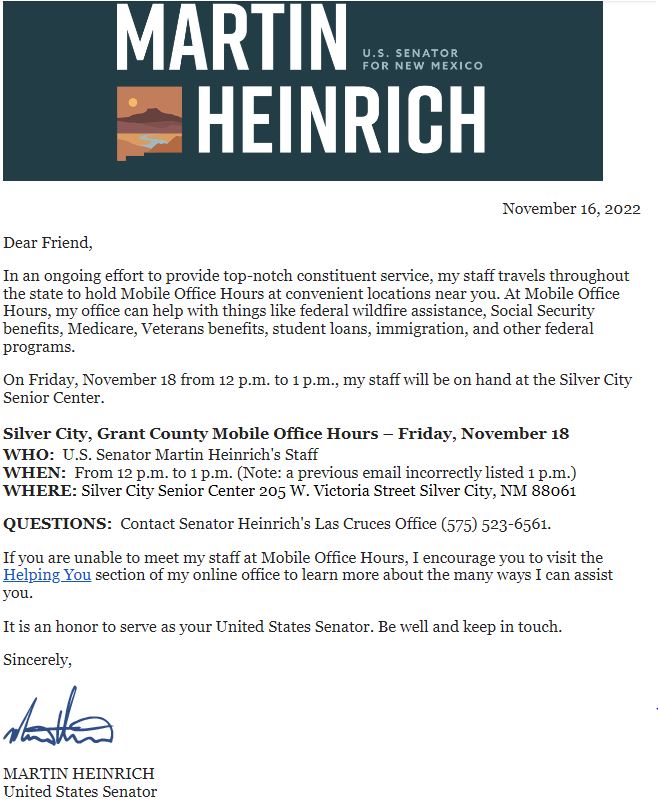 U.S. Senator Martin Heinrich’s Mobile Office Hours in Silver City