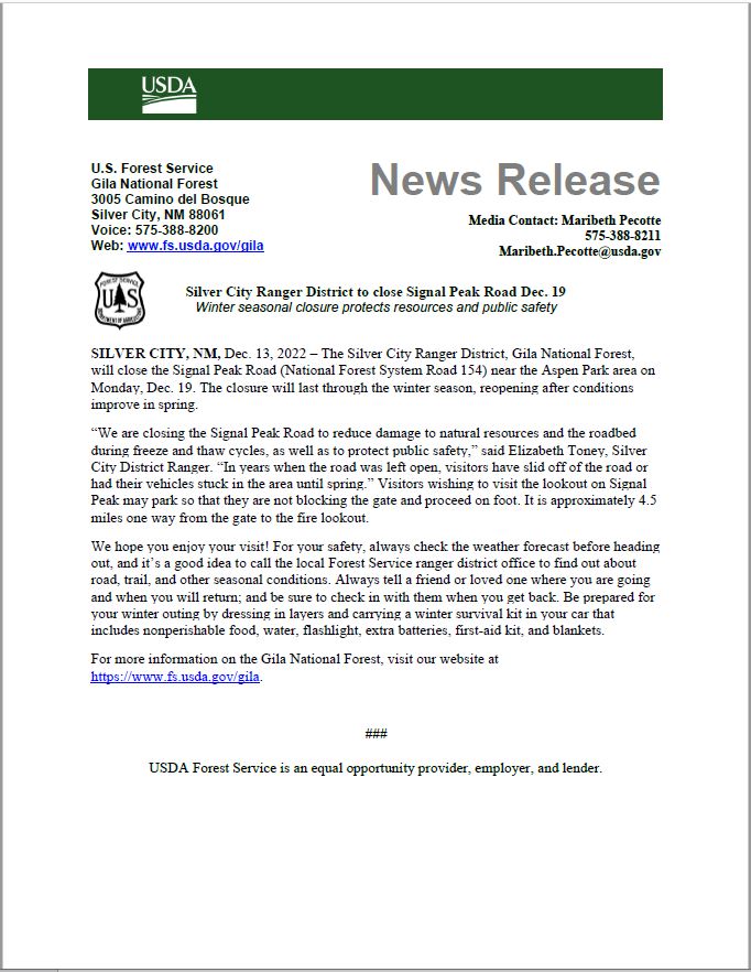 Signal Peak Road Closure-December 19th