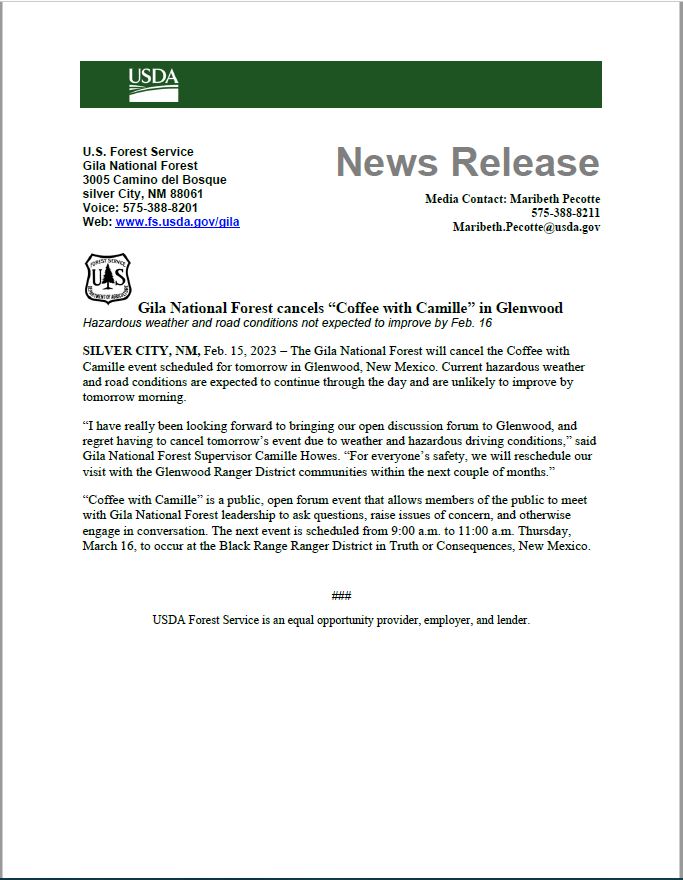 GNF “Coffee with Camille” Event Canceled Due to Weather Conditions