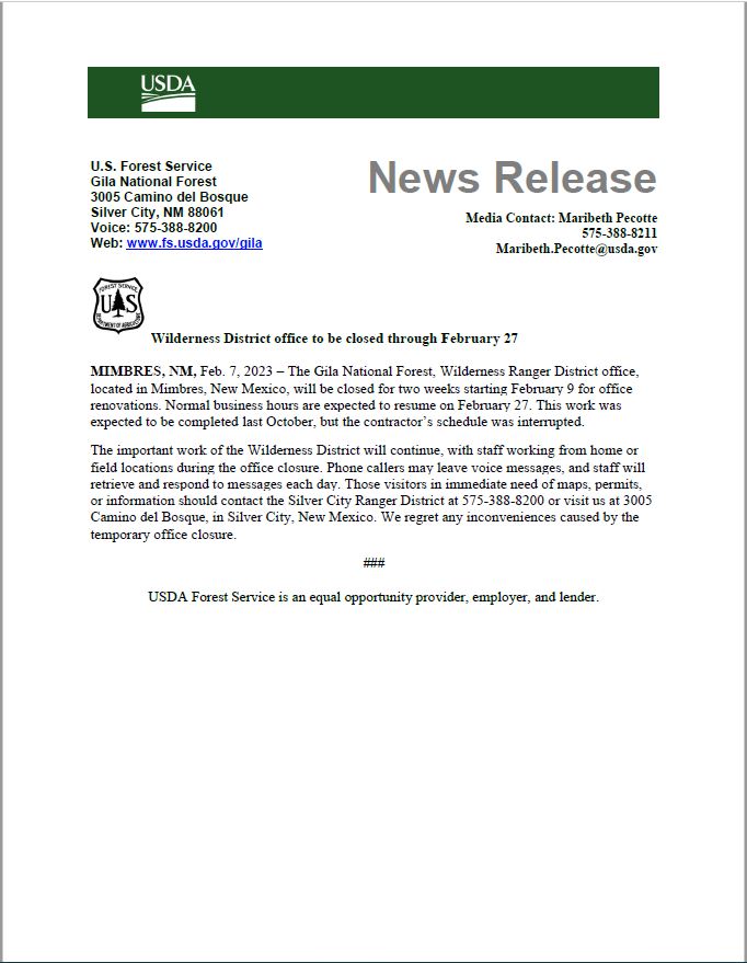GNF Wilderness District Office Temporary Closure