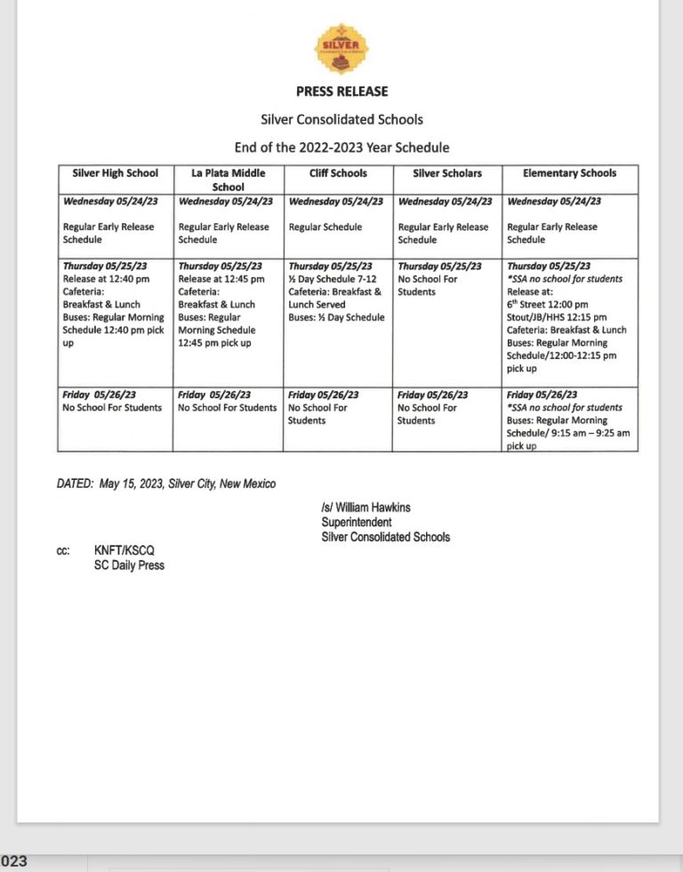 End of the Year Silver Schools Schedule