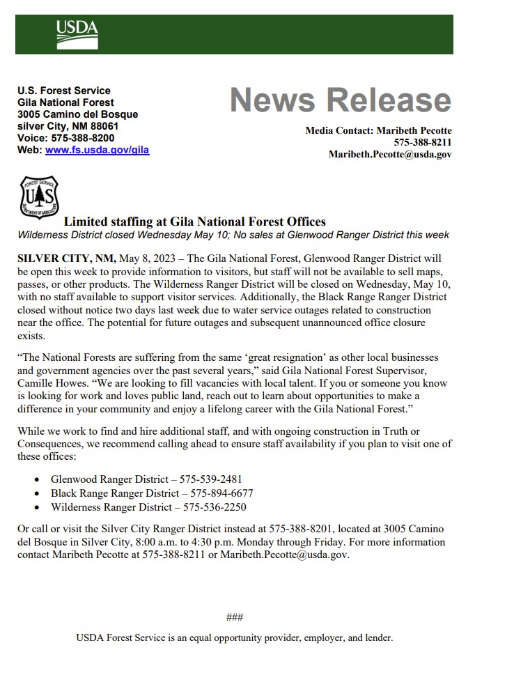 Wilderness Ranger District Closure