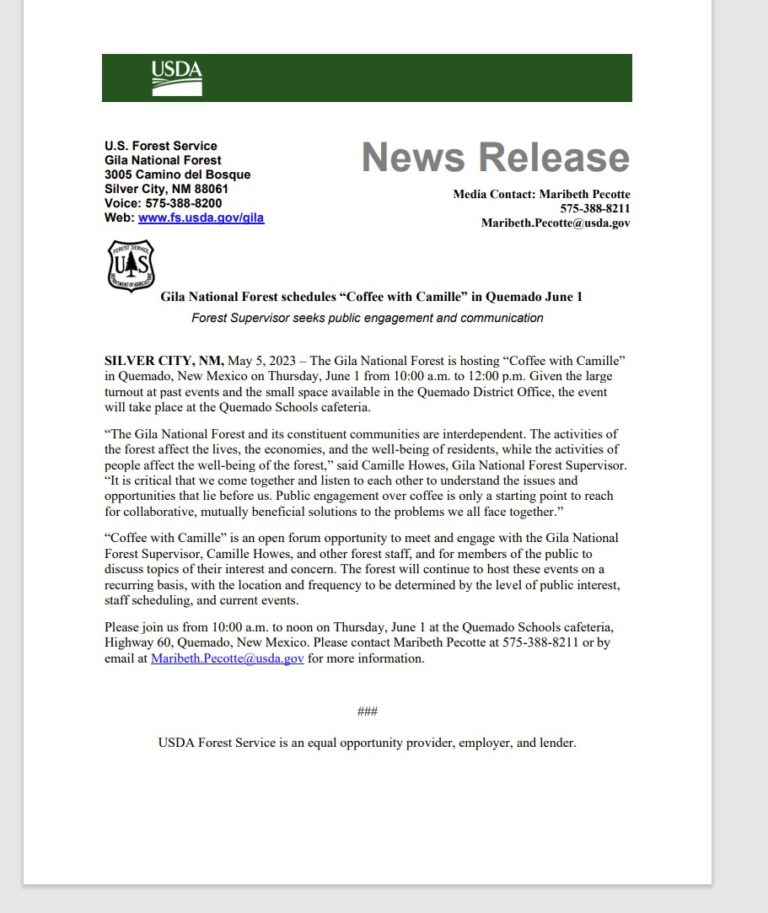 Gila National Forest to host “Coffee with Camille” in Quemado