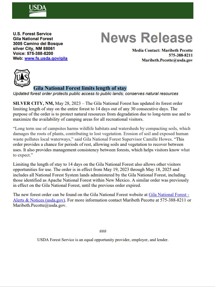 Gila National Forest limits length of stay