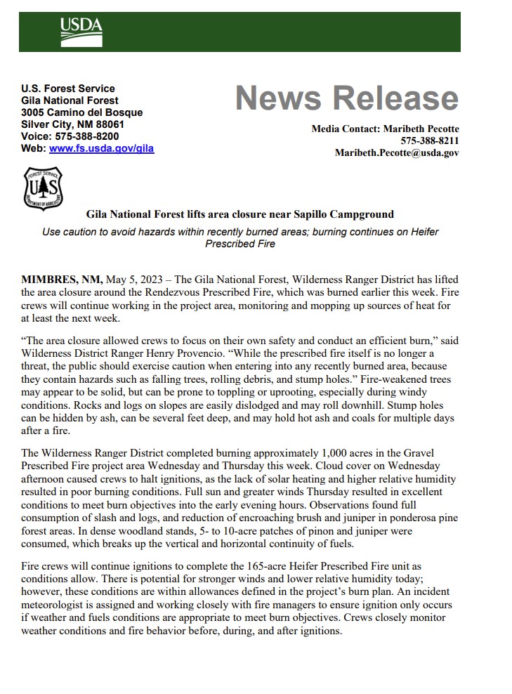 Gila National Forest lifts Closure