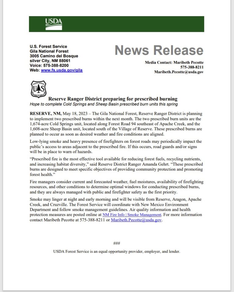 Reserve Ranger District preparing for prescribed burning