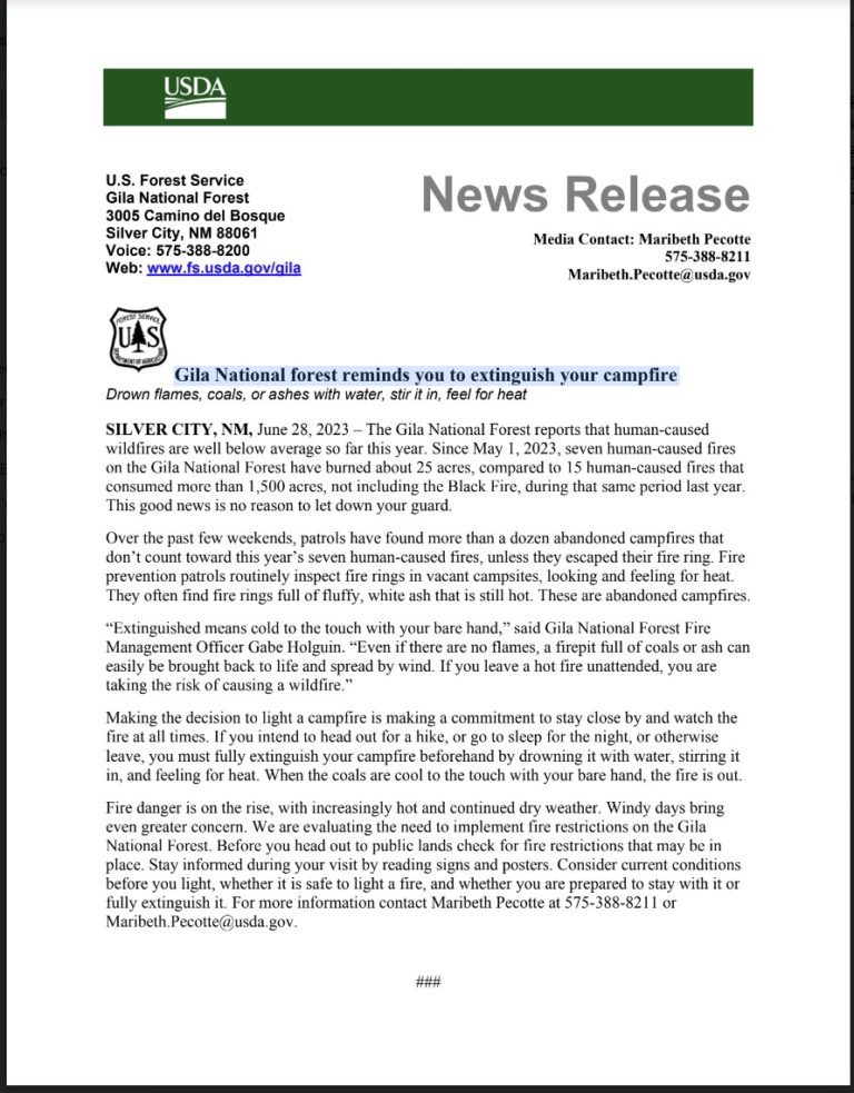Gila National forest reminds you to extinguish your campfire
