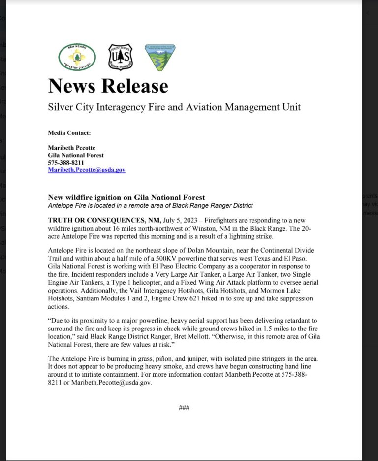 New wildfire ignition on Gila National Forest