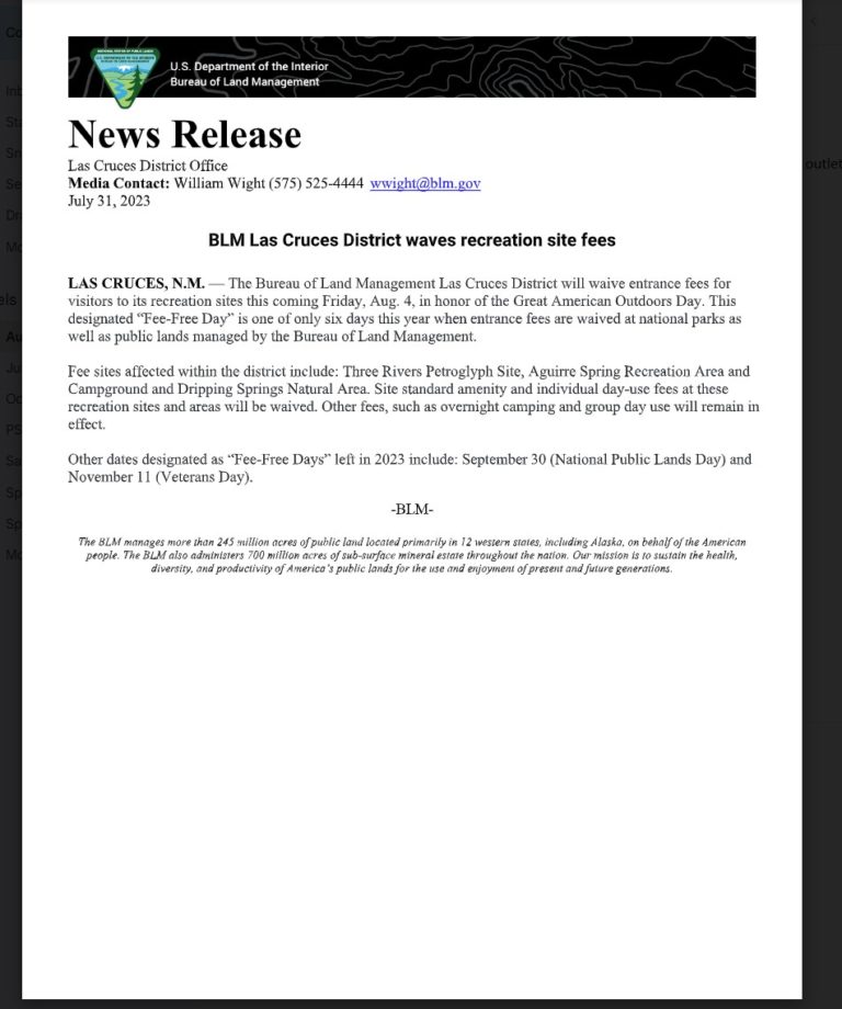 BLM Las Cruces District waves recreation site fees
