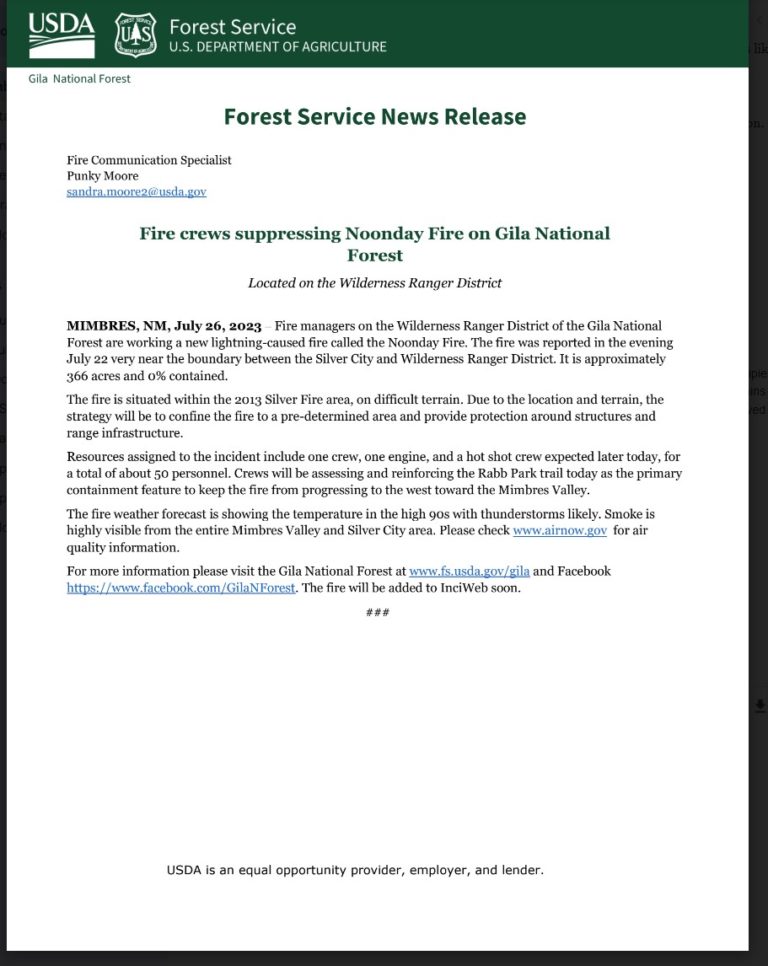 Fire crews suppressing Noonday Fire on Gila National  Forest