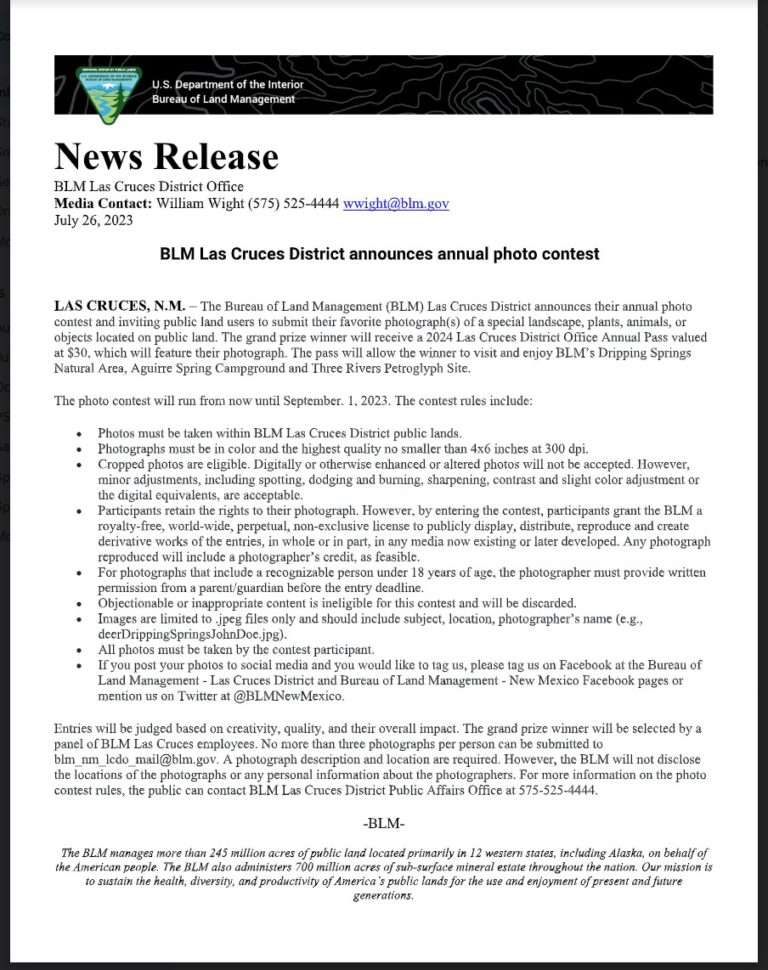BLM Las Cruces District announces annual photo contest