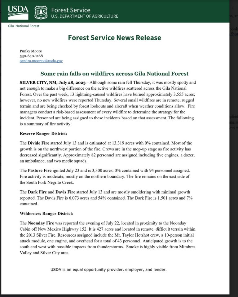 Some rain falls on wildfires on the Gila National Forest