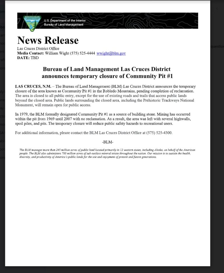 Bureau of Land Management Las Cruces District announces temporary closure of Community Pit #1