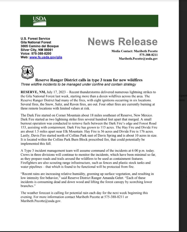 Reserve Ranger District calls in type 3 team for new wildfires
