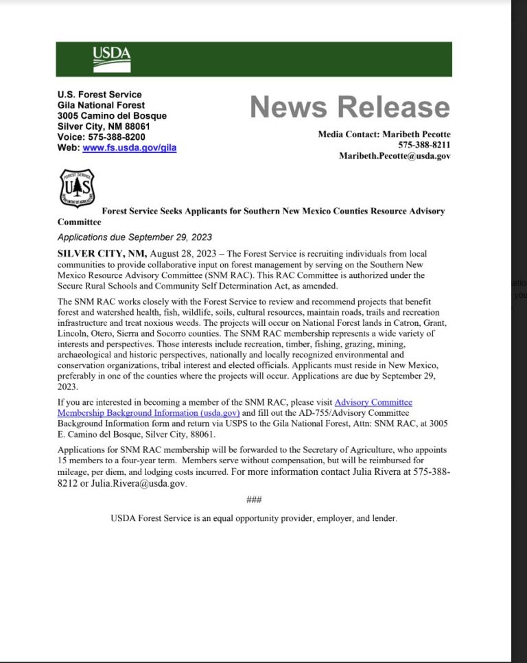 Forest Service Seeks Applicants for Southern New Mexico Counties Resource