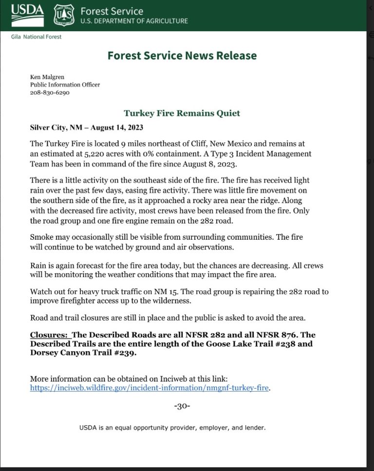 Turkey Fire Remains Quiet