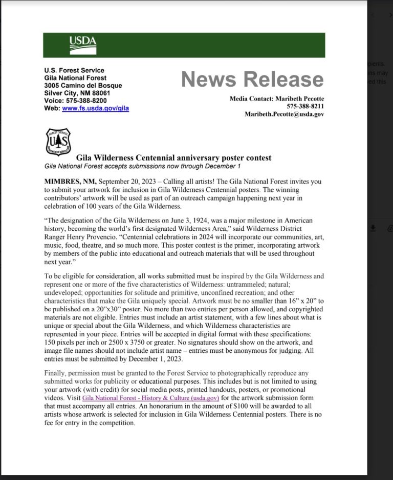 Gila Wilderness Centennial anniversary poster contest
