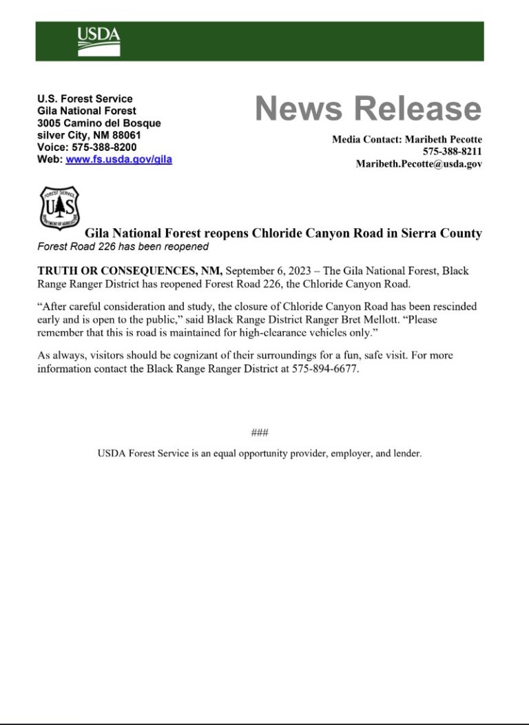Gila National Forest reopens Chloride Canyon Road in Sierra County