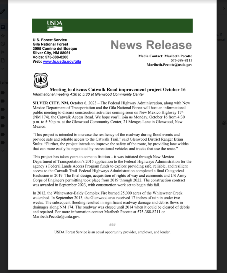 Meeting to discuss Catwalk Road improvement project October 16