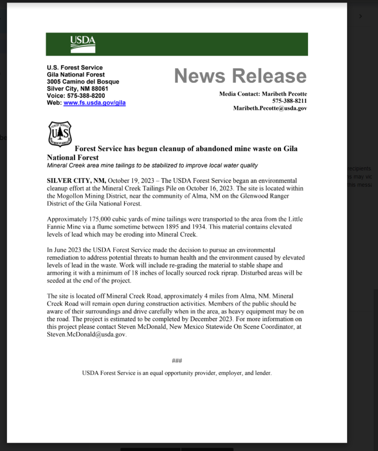 Forest Service has begun cleanup of abandoned mine waste on Gila