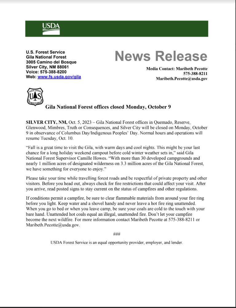 Gila National Forest offices closed Monday, October 9