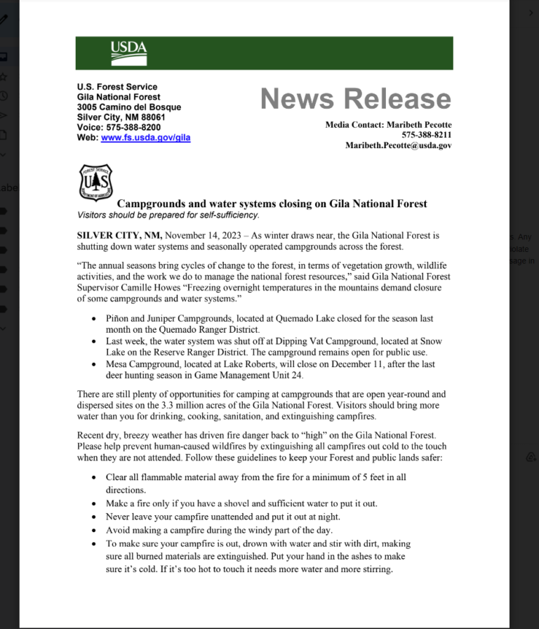 Campgrounds and water systems closing on Gila National Forest