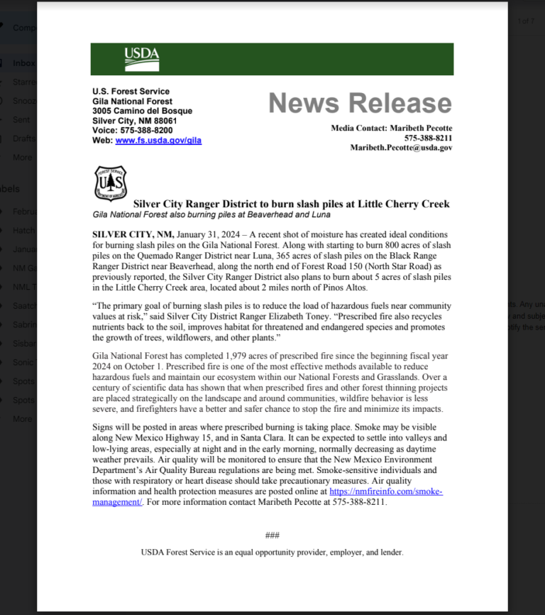 Silver City Ranger District to burn slash piles at Little Cherry Creek