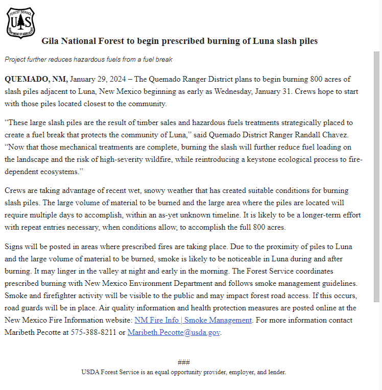 Gila National Forest to begin prescribed burning of Luna slash piles