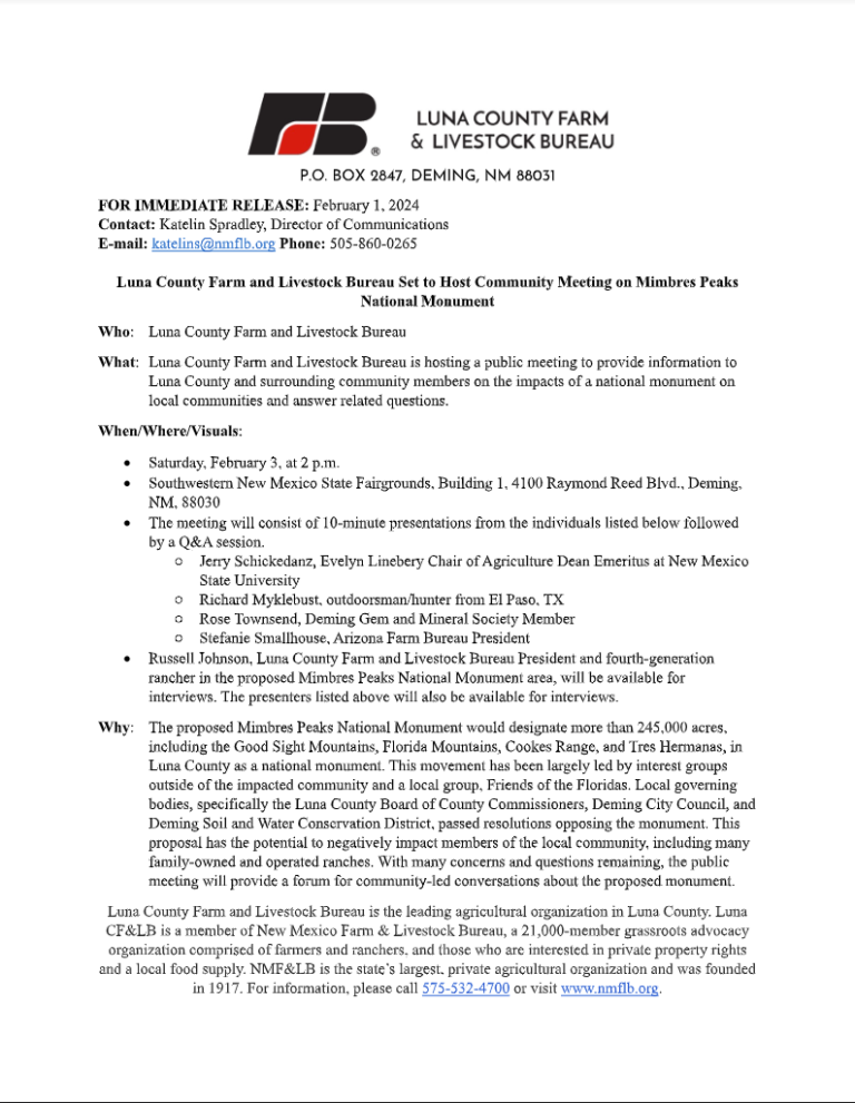 Luna County Farm and Livestock Bureau Set to Host Community Meeting on Mimbres Peaks National Monument