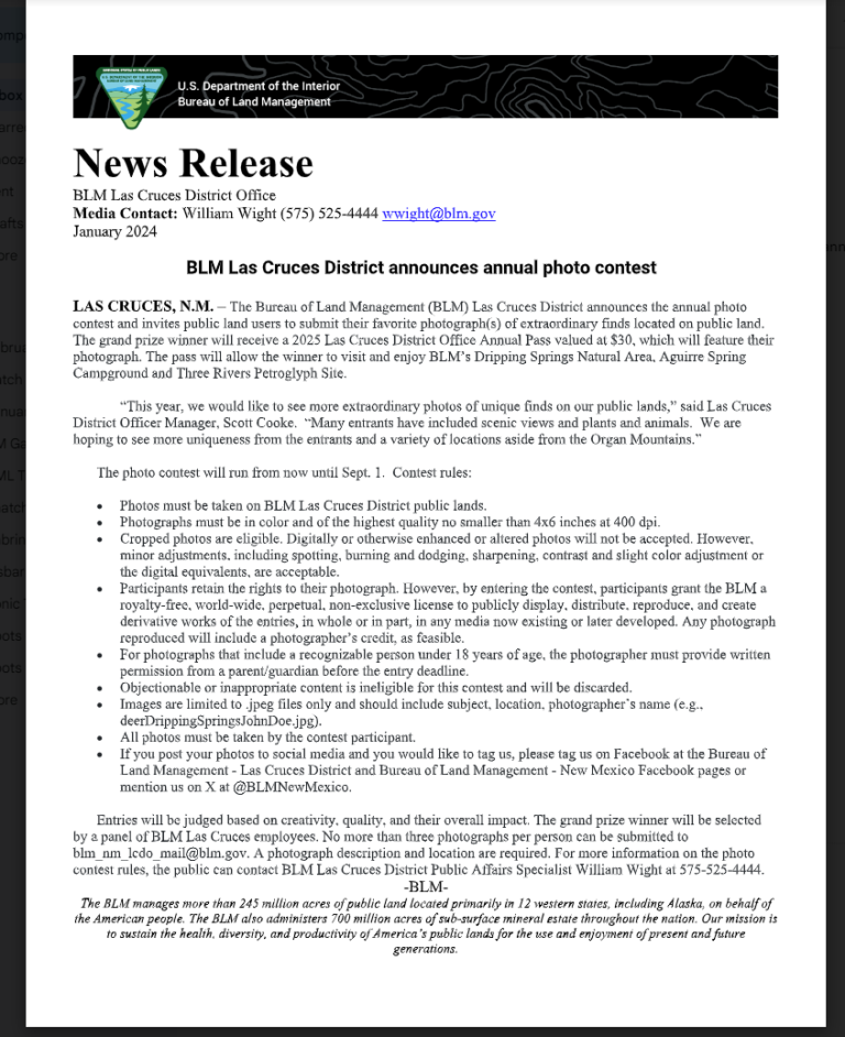 BLM Las Cruces District announces annual photo contest