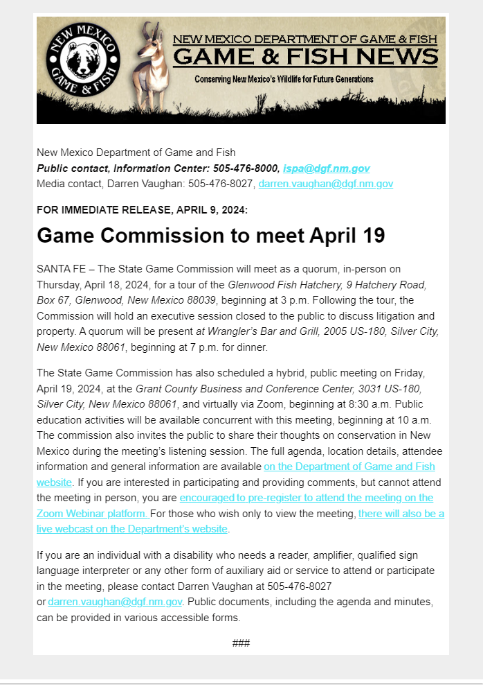 NM Game & Fish Department News
