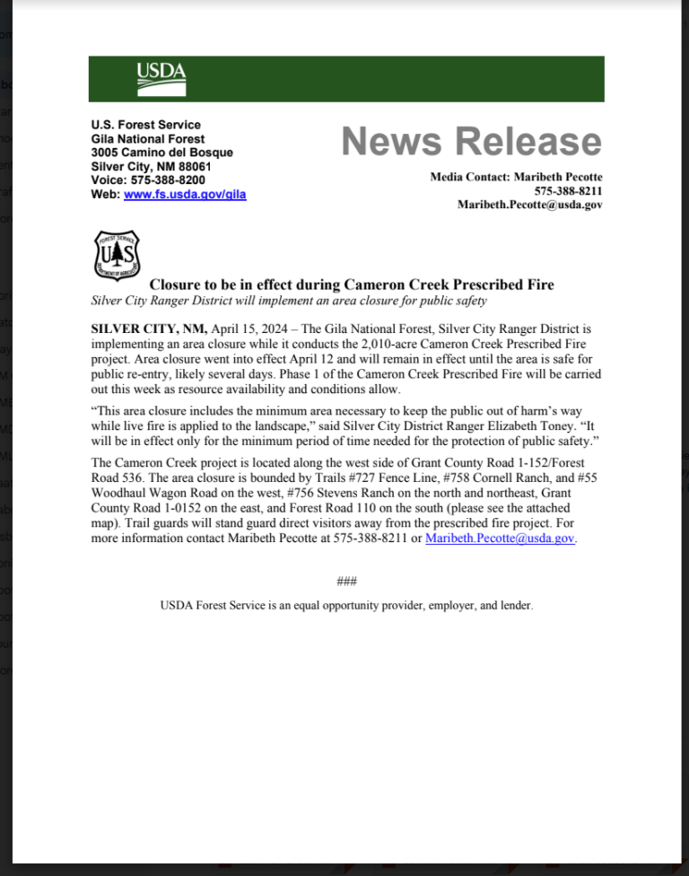Gila National Forest area closure to be in effect during Cameron Creek Prescribed Fire