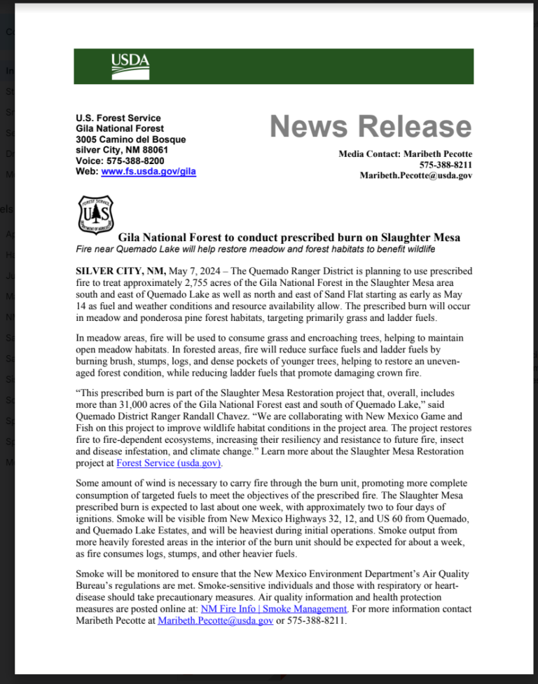 Gila National Forest to conduct prescribed burn on Slaughter Mesa