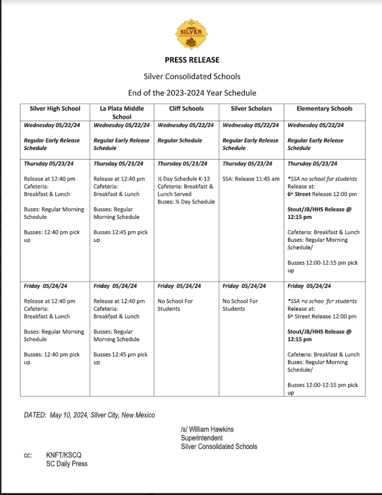 Silver Consolidated Schools End of the 2023-2024 Year Schedule