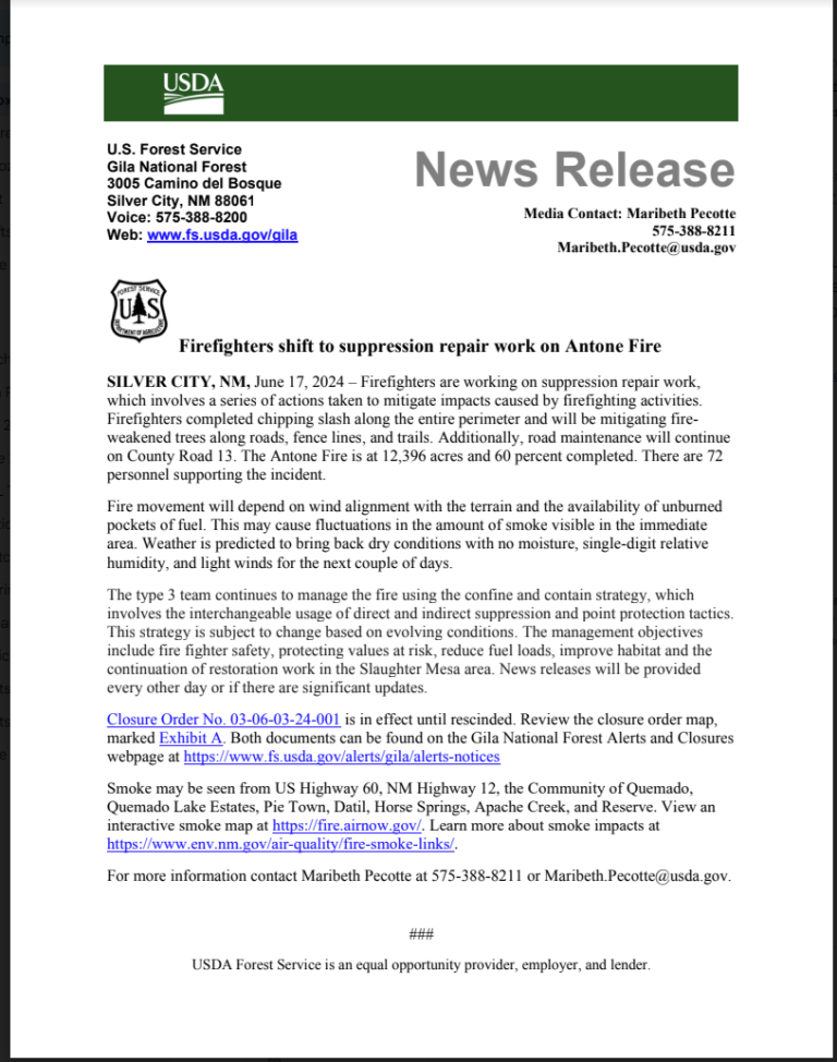 Firefighters shift to suppression repair work on Antone Fire