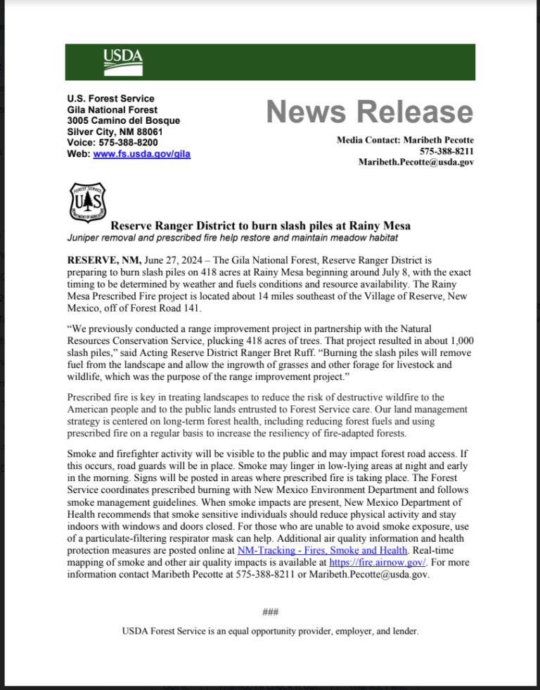 Reserve Ranger District to burn slash piles at Rainy Mesa