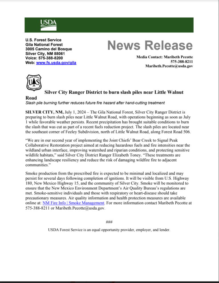 Silver City Ranger District to burn slash piles near Little Walnut  Road