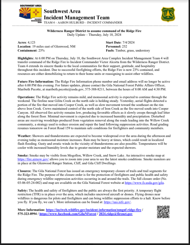 Wilderness Ranger District to assume command of the Ridge Fire
