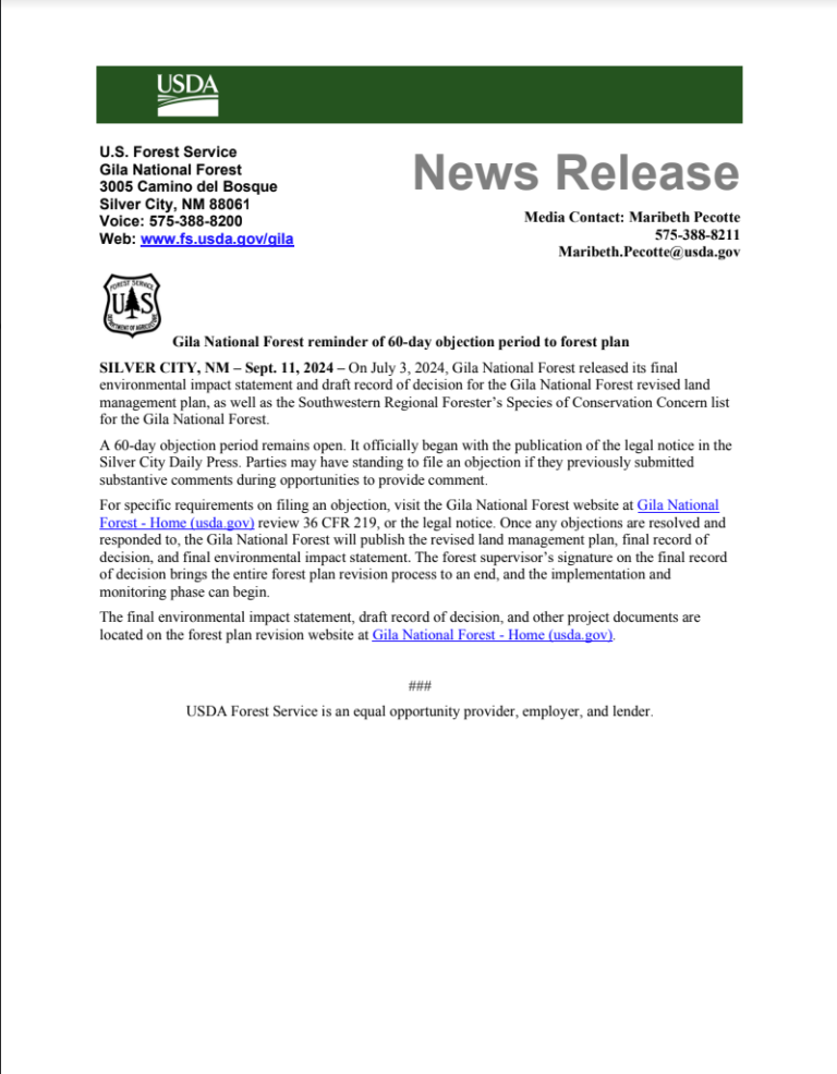 Gila National Forest reminder of 60-day objection period to forest plan