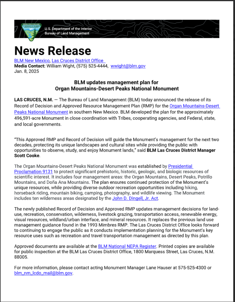 BLM Management Plan for Organ Mountains-Desert Peaks National Monument