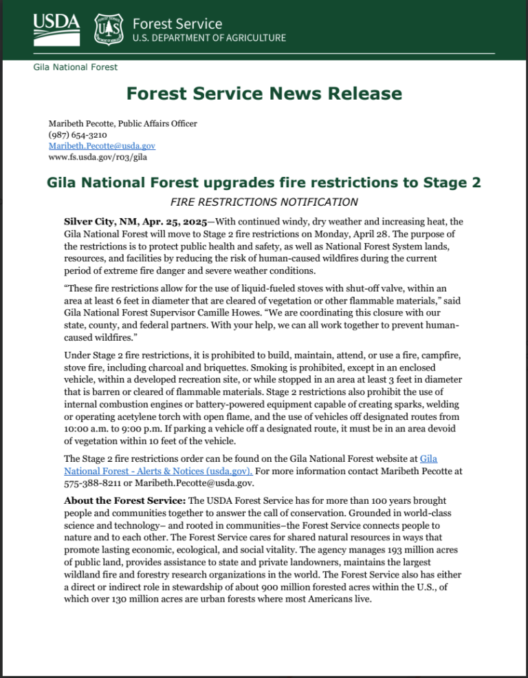 Gila National Forest Stage 2 Fire Restrictions