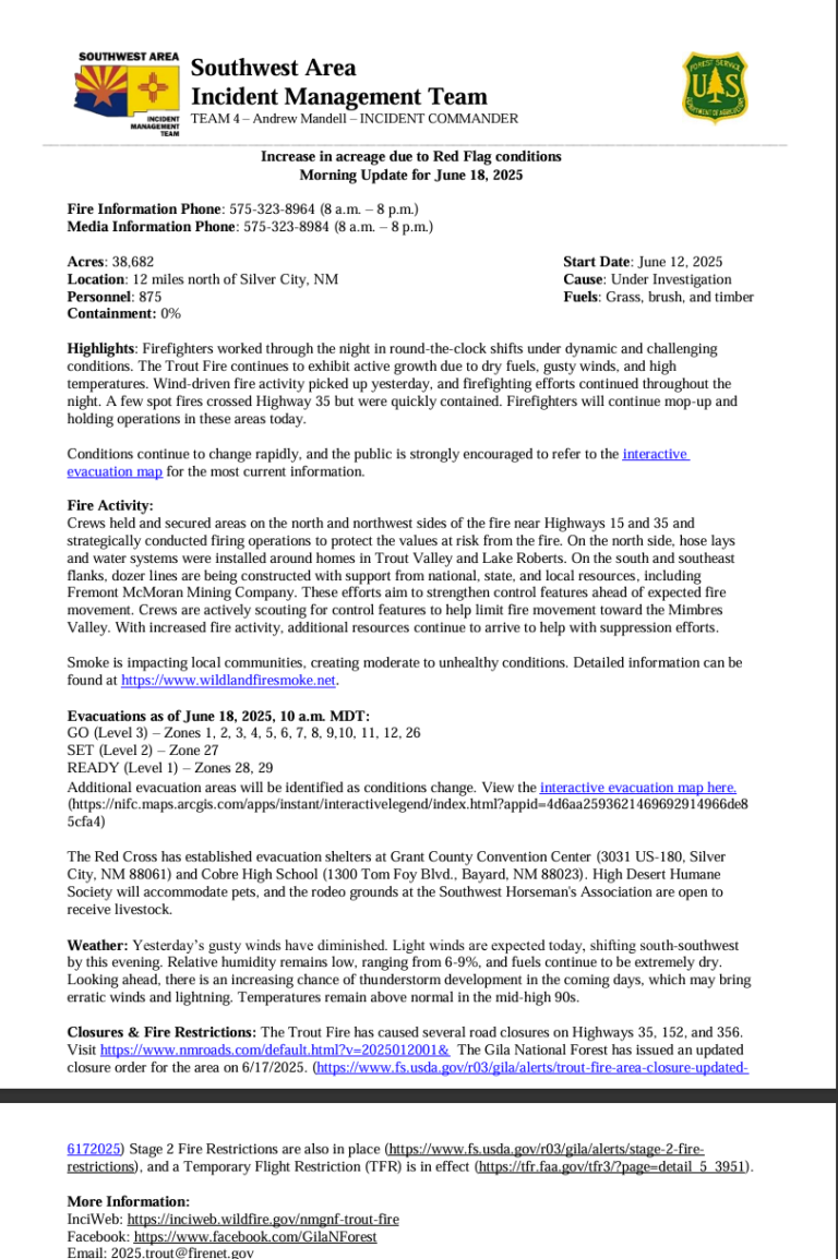 Trout Fire Update: Wednesday, June 18th, 2025