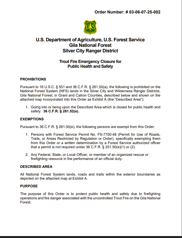 Trout Fire Emergency Closure 6-18-25